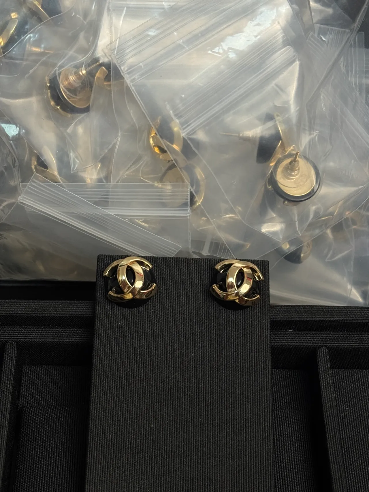 Chanel Gold Black Interlocking CC Logo Metal Earrings 5