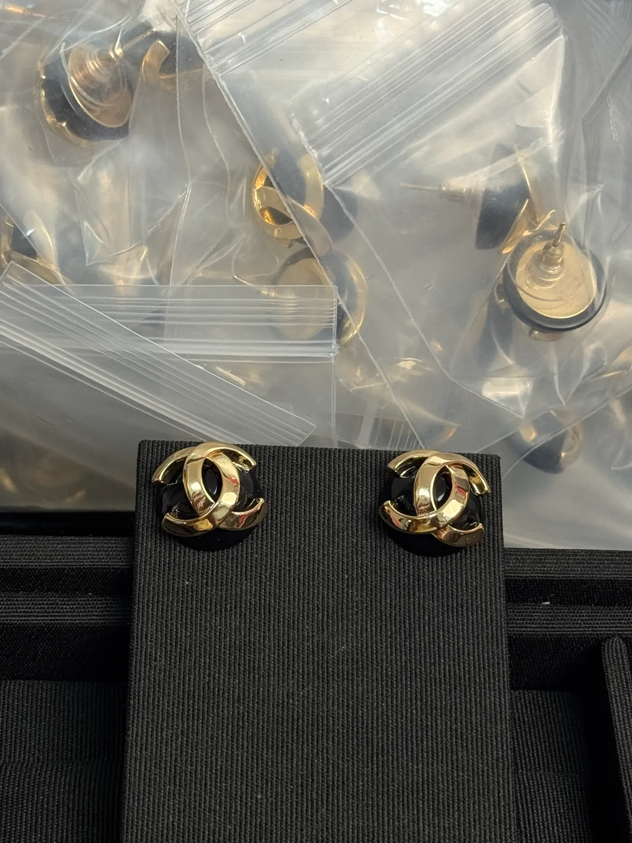 Chanel Gold Black Interlocking CC Logo Metal Earrings 6