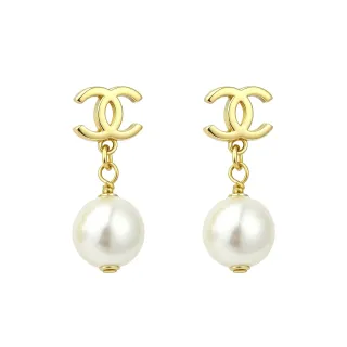 Chanel Gold White CC Logo Spherical Pearl Earrings