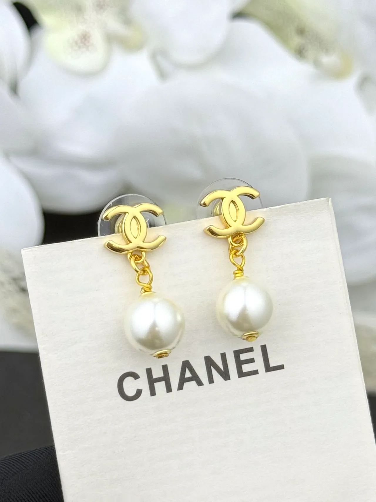 Chanel Gold White CC Logo Spherical Pearl Earrings 2