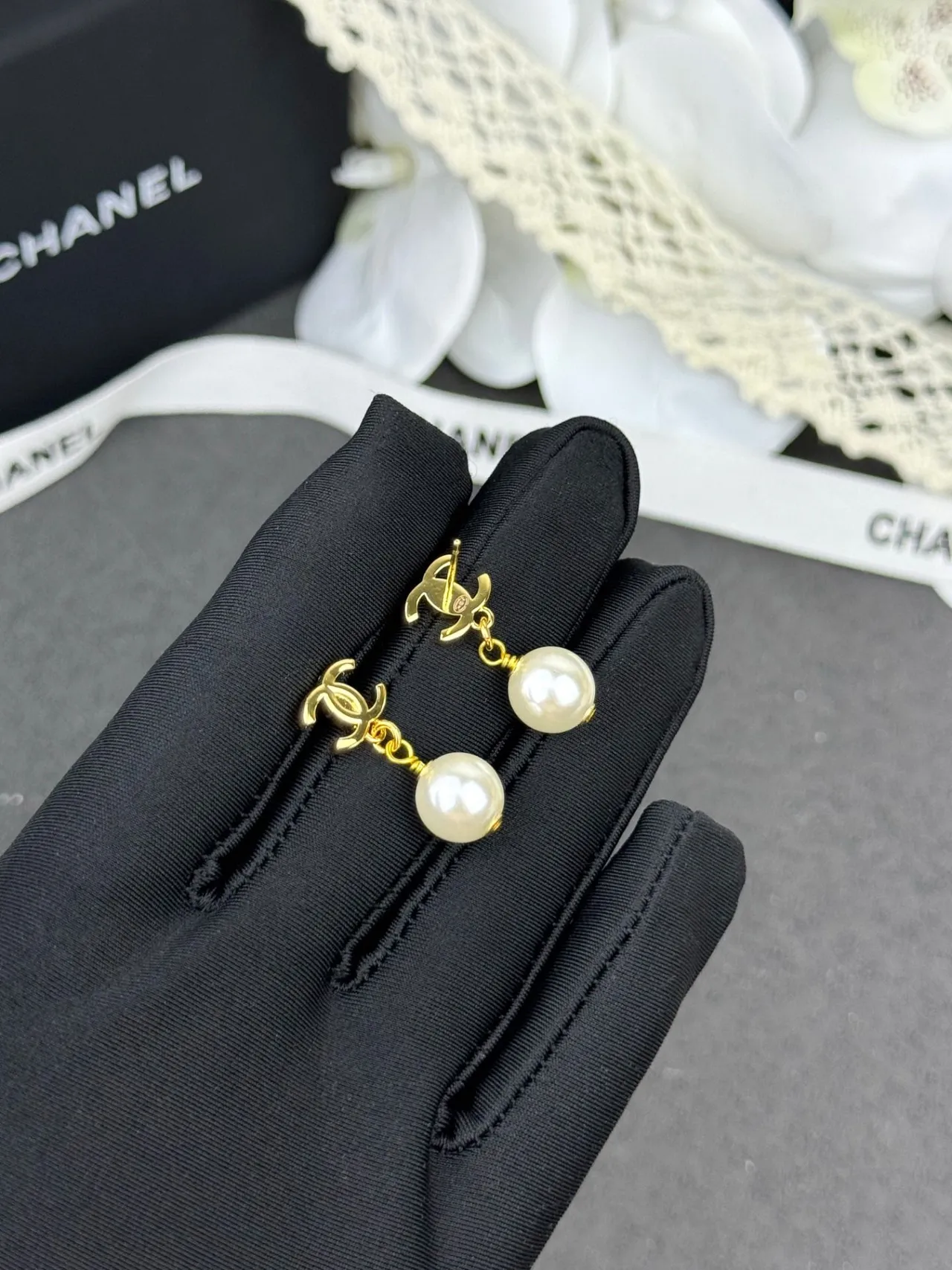Chanel Gold White CC Logo Spherical Pearl Earrings 3