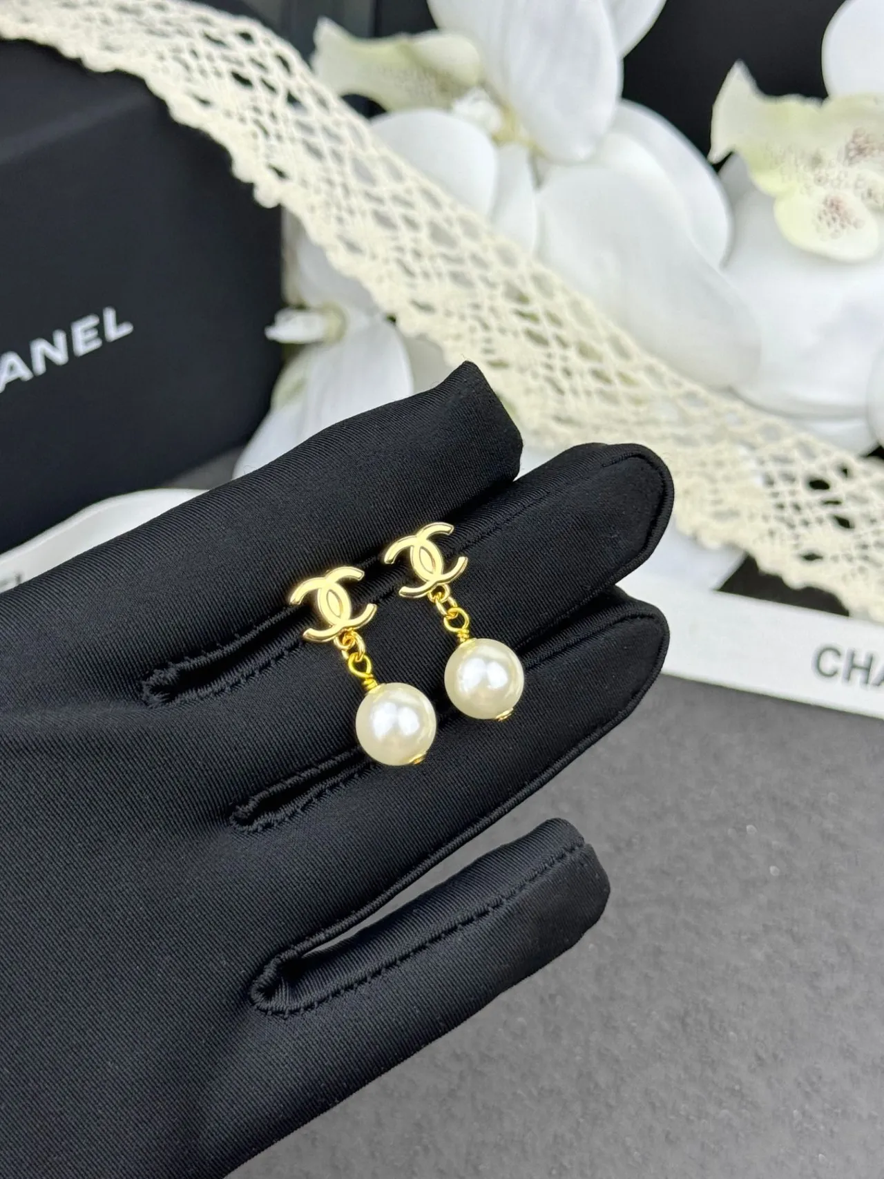 Chanel Gold White CC Logo Spherical Pearl Earrings 4