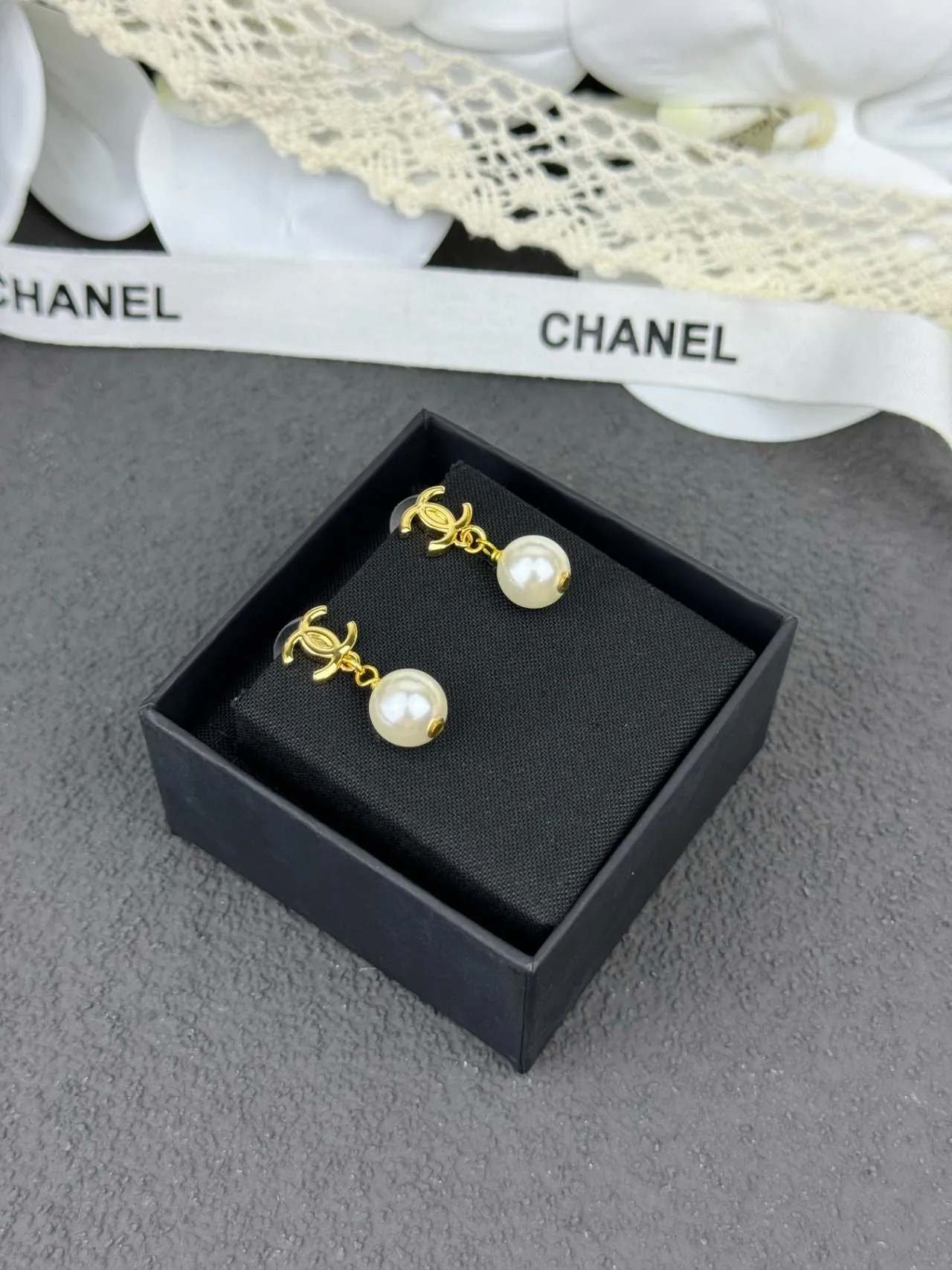 Chanel Gold White CC Logo Spherical Pearl Earrings 5