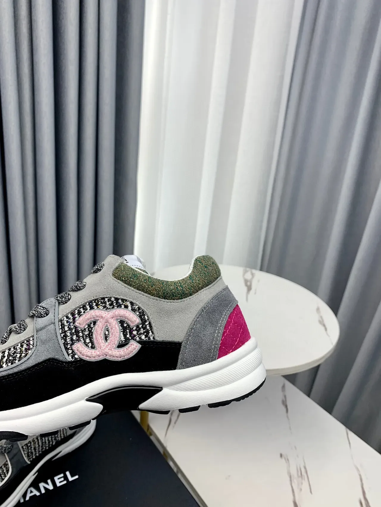 Chanel Gray Black Tweed-Panelled Chunky Sneakers 2