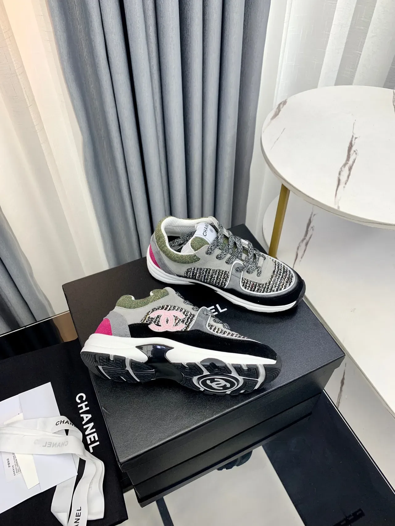 Chanel Gray Black Tweed-Panelled Chunky Sneakers 5