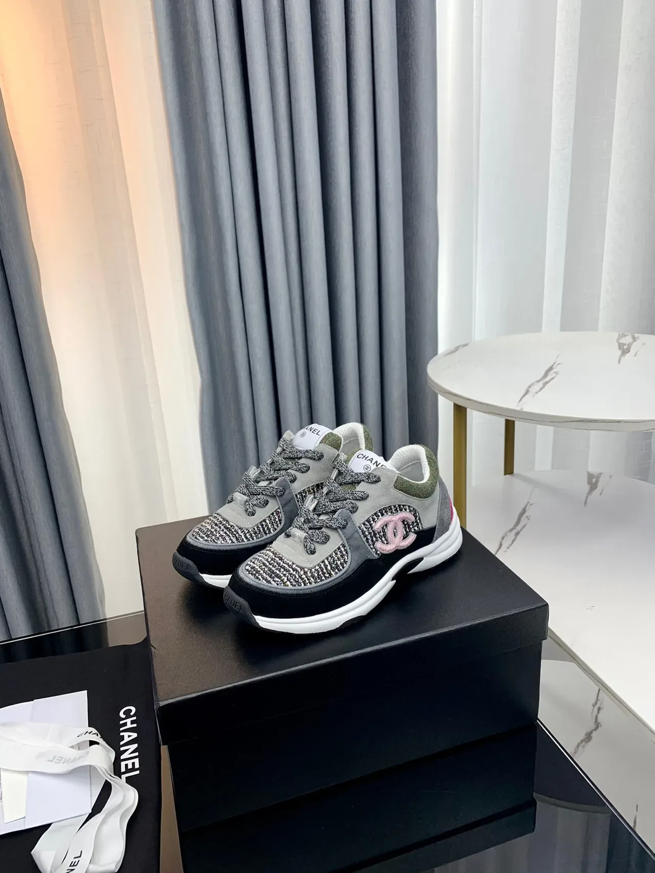 Chanel Gray Black Tweed-Panelled Chunky Sneakers 7