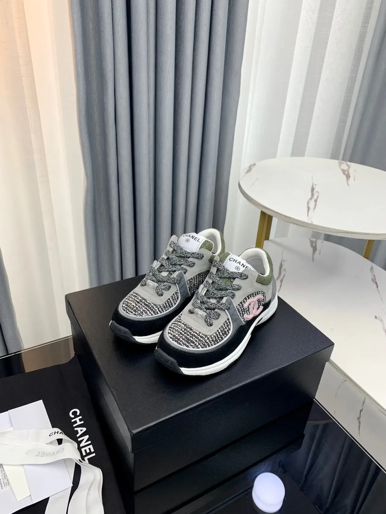 Chanel Gray Black Tweed-Panelled Chunky Sneakers 8