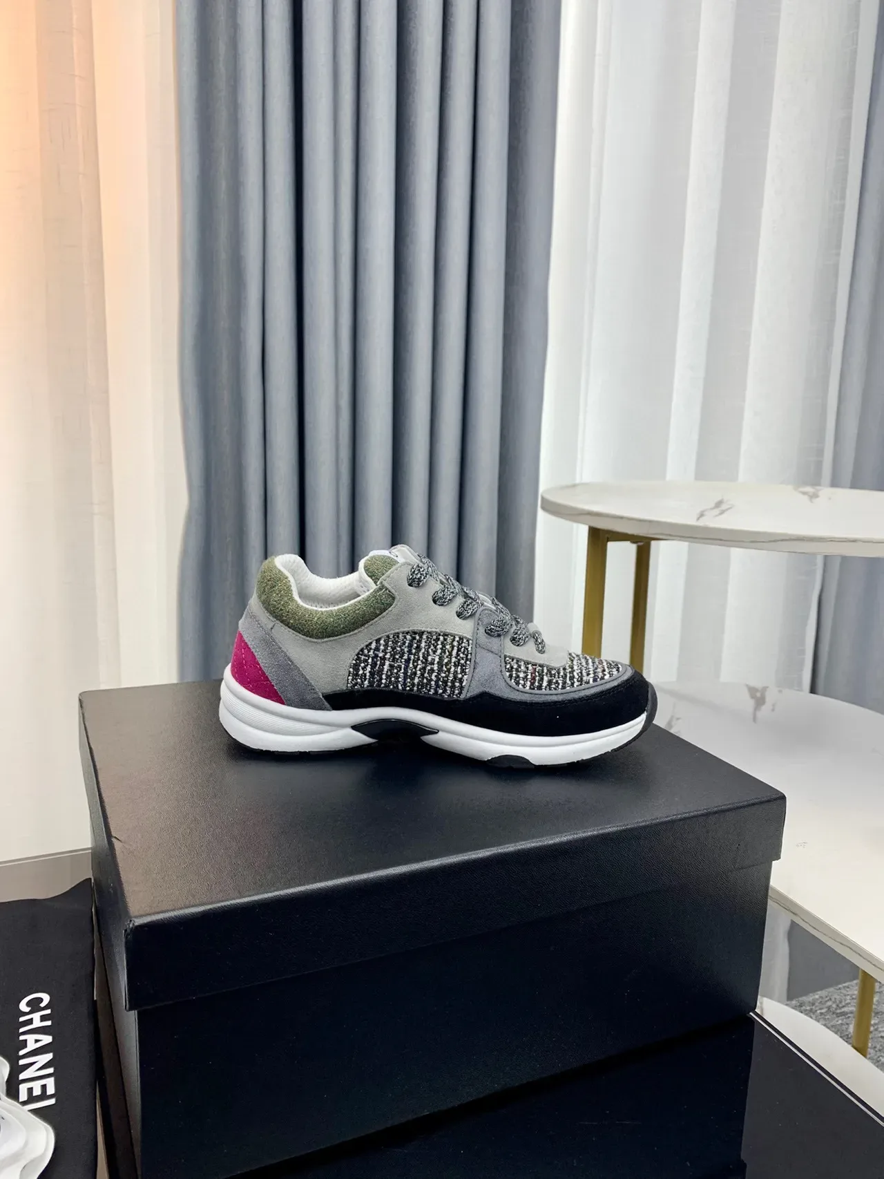 Chanel Gray Black Tweed-Panelled Chunky Sneakers 9