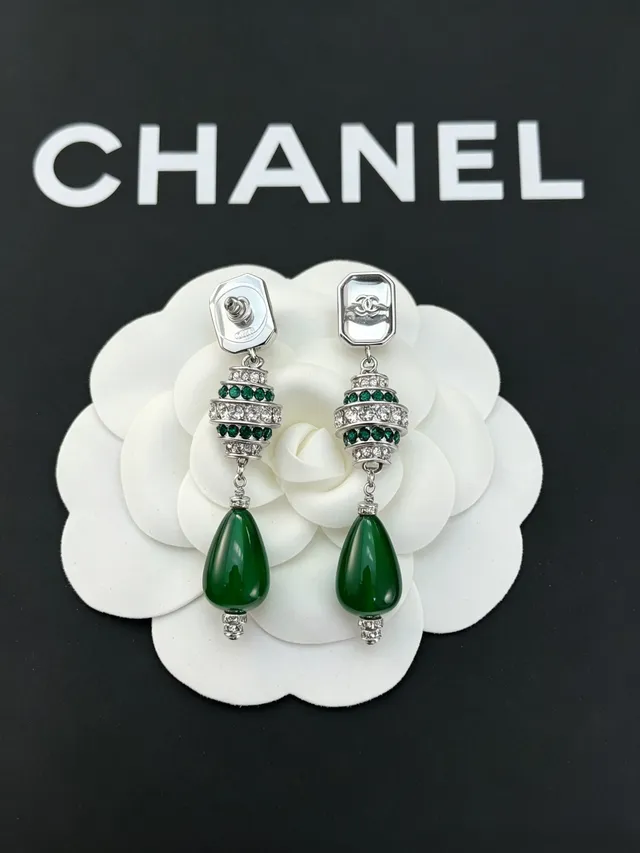 Chanel Green and Crystal Drop Earrings 3