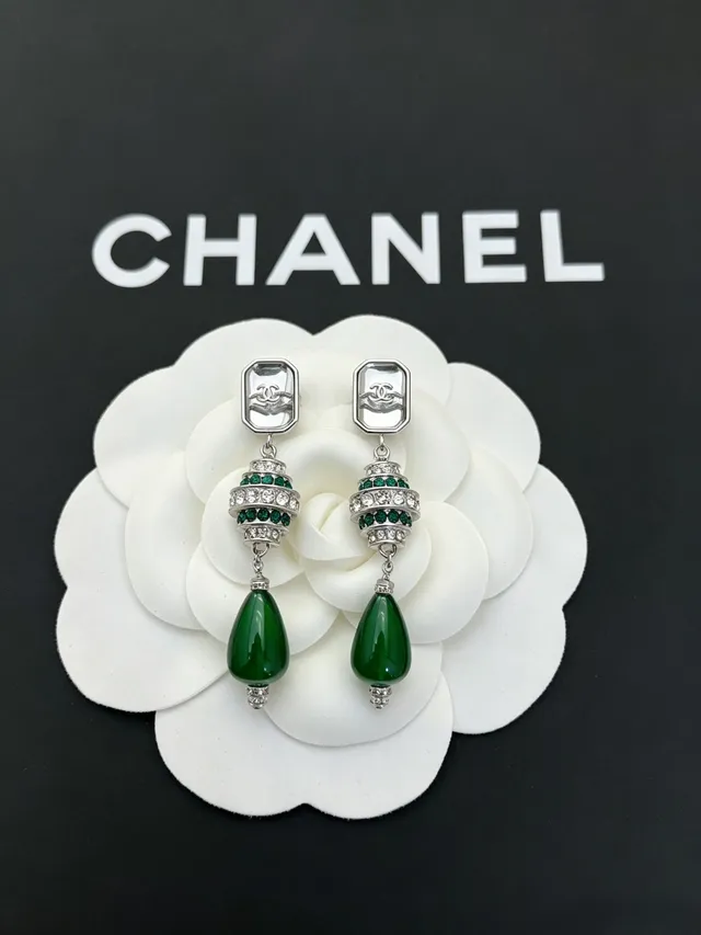 Chanel Green and Crystal Drop Earrings 4