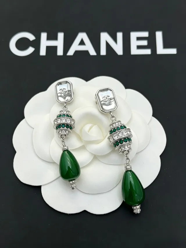 Chanel Green and Crystal Drop Earrings 5