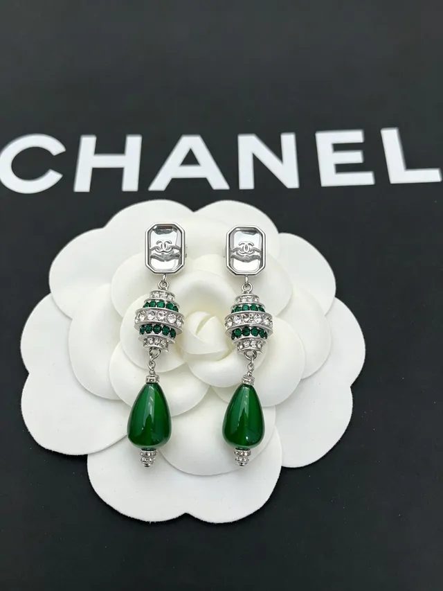 Chanel Green and Crystal Drop Earrings 6
