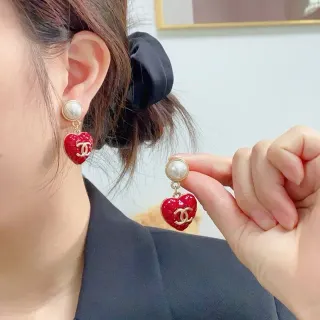 Chanel Heart Enamel Pearl Stud Earrings