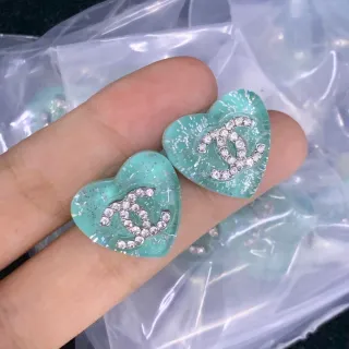 Chanel Heart-Shaped Rhinestone-Embellished Mint Green Earrings