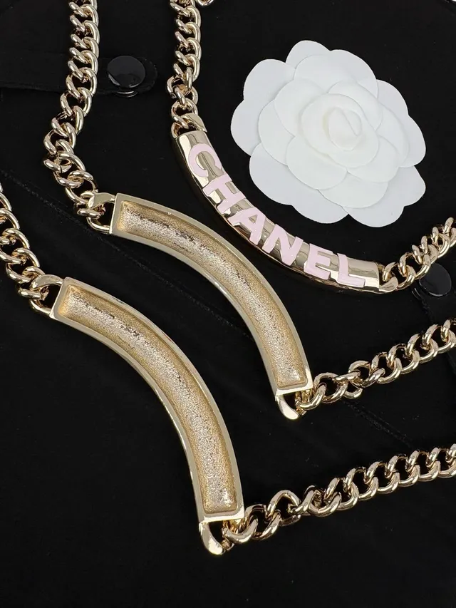 Chanel लेटरिंग नेकलेस सोना सफेद कर्ब चेन एनामेल नेकलेस 7