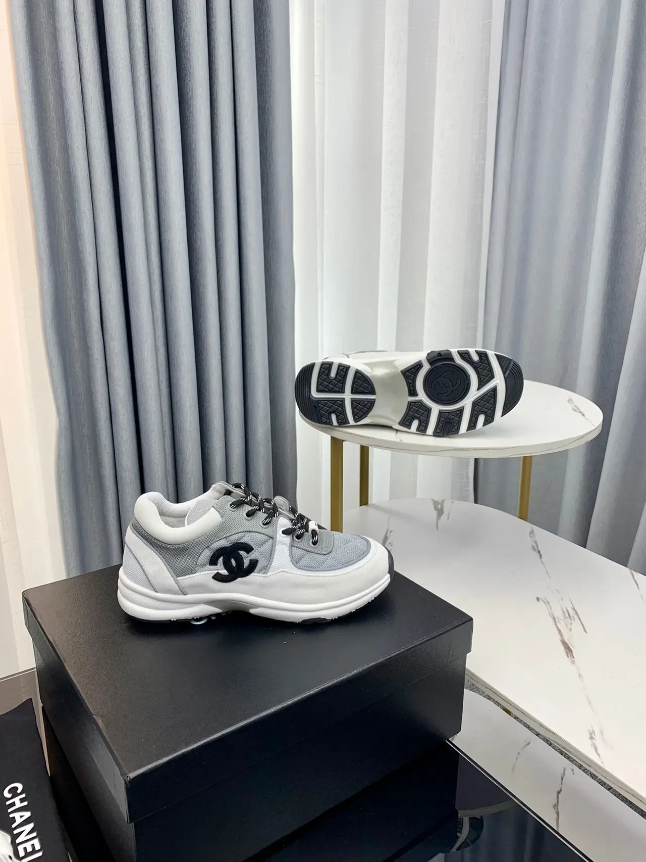 Chanel Lifestyle Sneaker Gray White Quilted Side Panel Interlocking CC Logo Lifestyle Sneakers 2