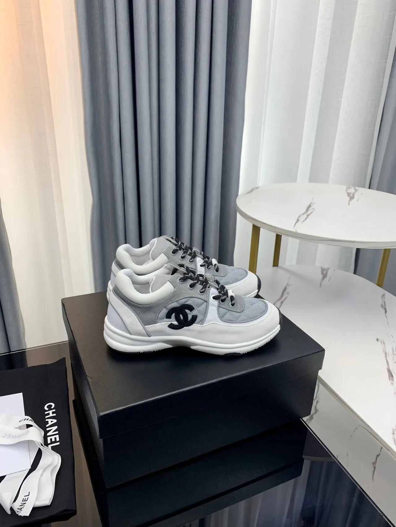 Chanel Lifestyle Sneaker Gray White Quilted Side Panel Interlocking CC Logo Lifestyle Sneakers 3