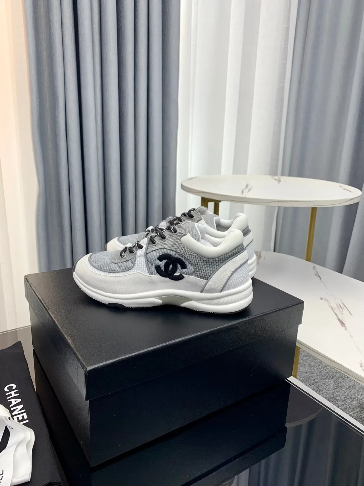 Chanel Lifestyle Sneaker Gray White Quilted Side Panel Interlocking CC Logo Lifestyle Sneakers 4