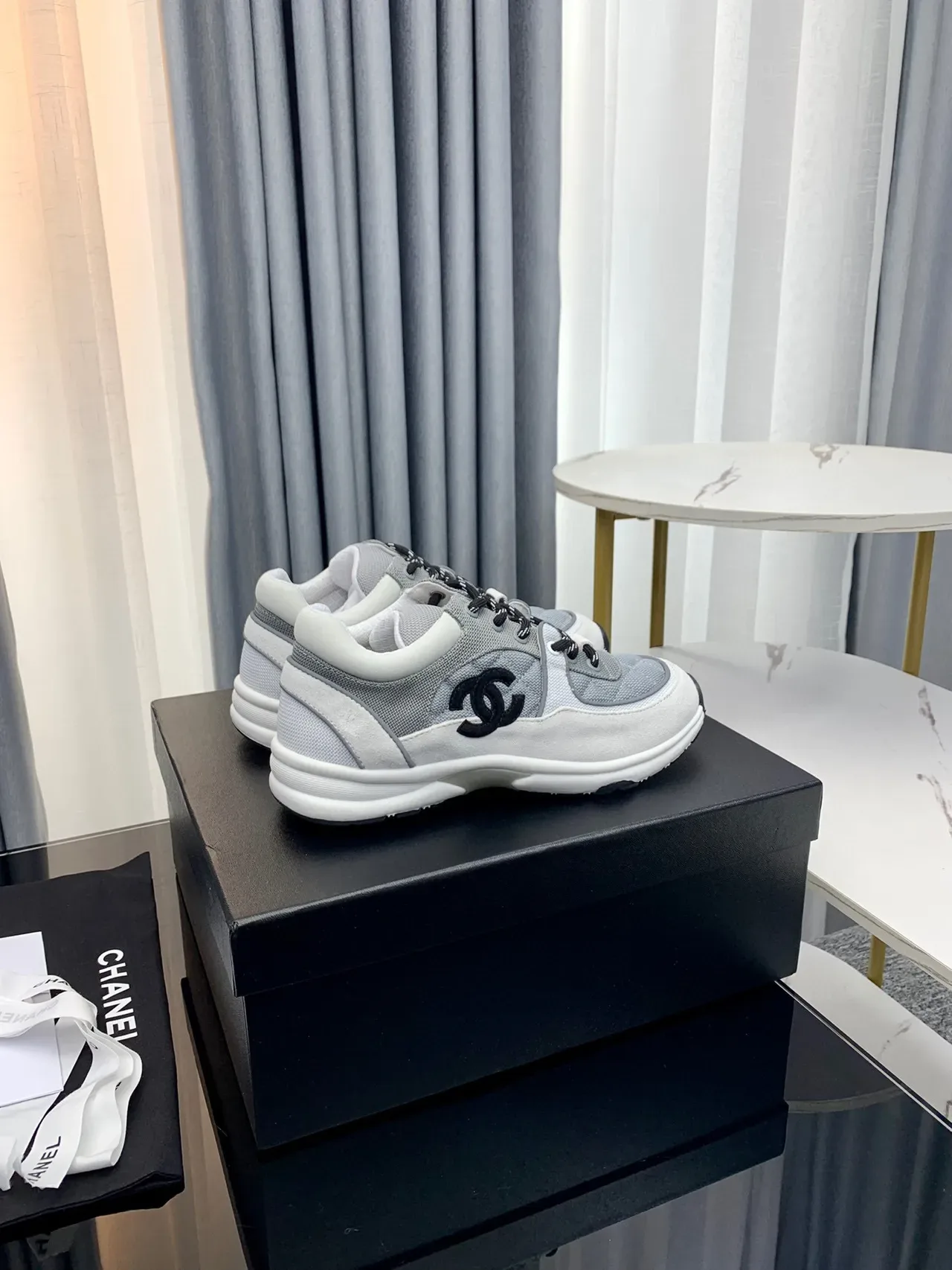 Chanel Lifestyle Sneaker Gray White Quilted Side Panel Interlocking CC Logo Lifestyle Sneakers 5