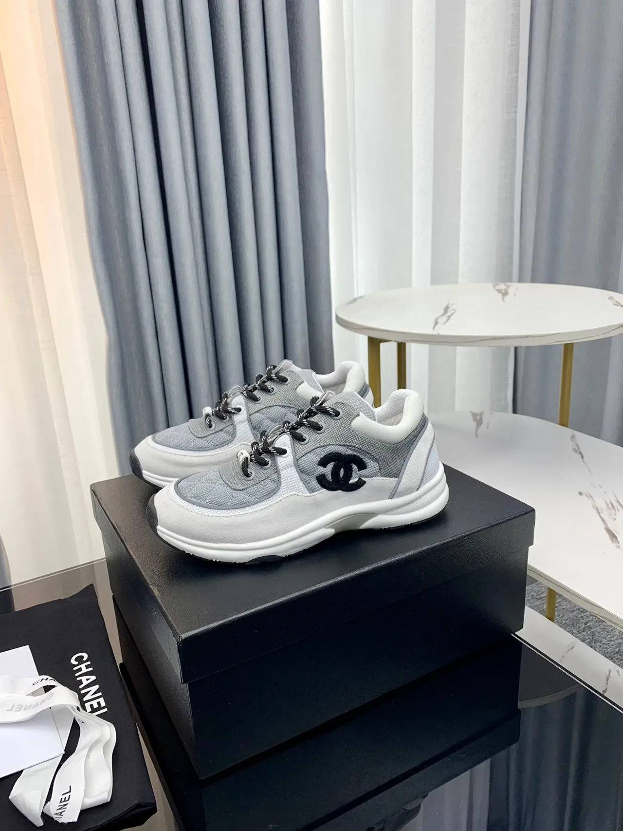Chanel Lifestyle Sneaker Gray White Quilted Side Panel Interlocking CC Logo Lifestyle Sneakers 6