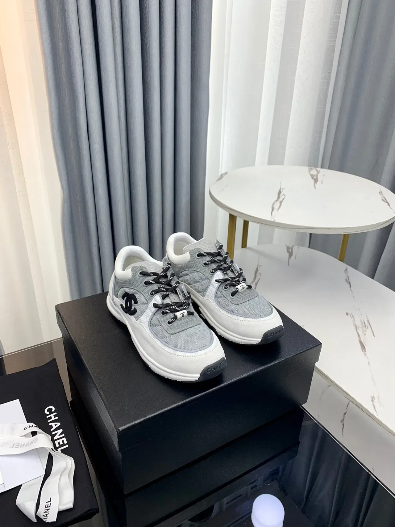 Chanel Lifestyle Sneaker Gray White Quilted Side Panel Interlocking CC Logo Lifestyle Sneakers 7