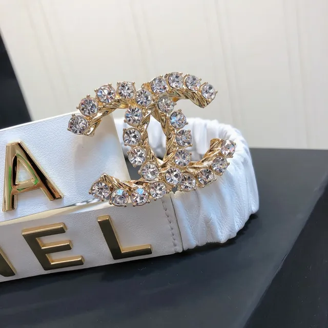 Chanel Logo Belt White Gold Ruched Fabric Lettering Leather Belt 2