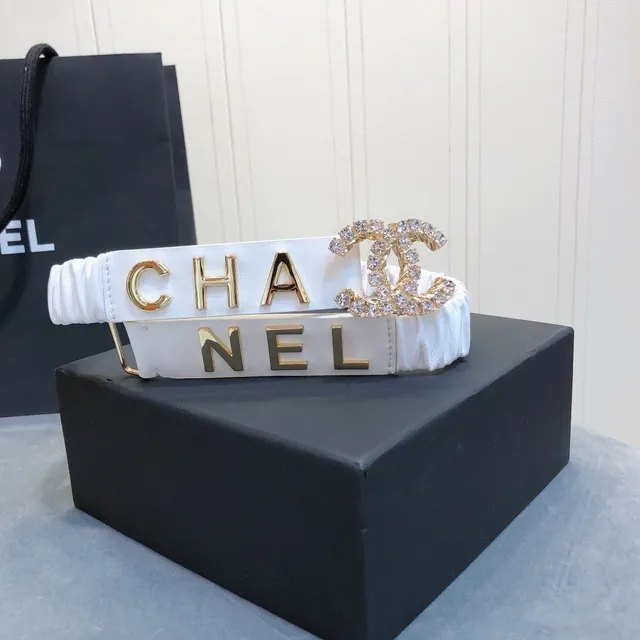 Chanel Logo Belt White Gold Ruched Fabric Lettering Leather Belt 5