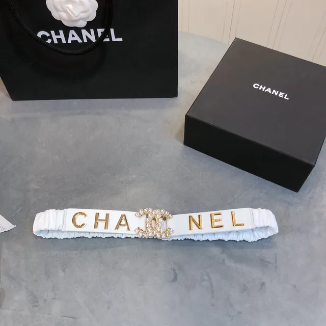 Chanel Logo Belt White Gold Ruched Fabric Lettering Leather Belt 6