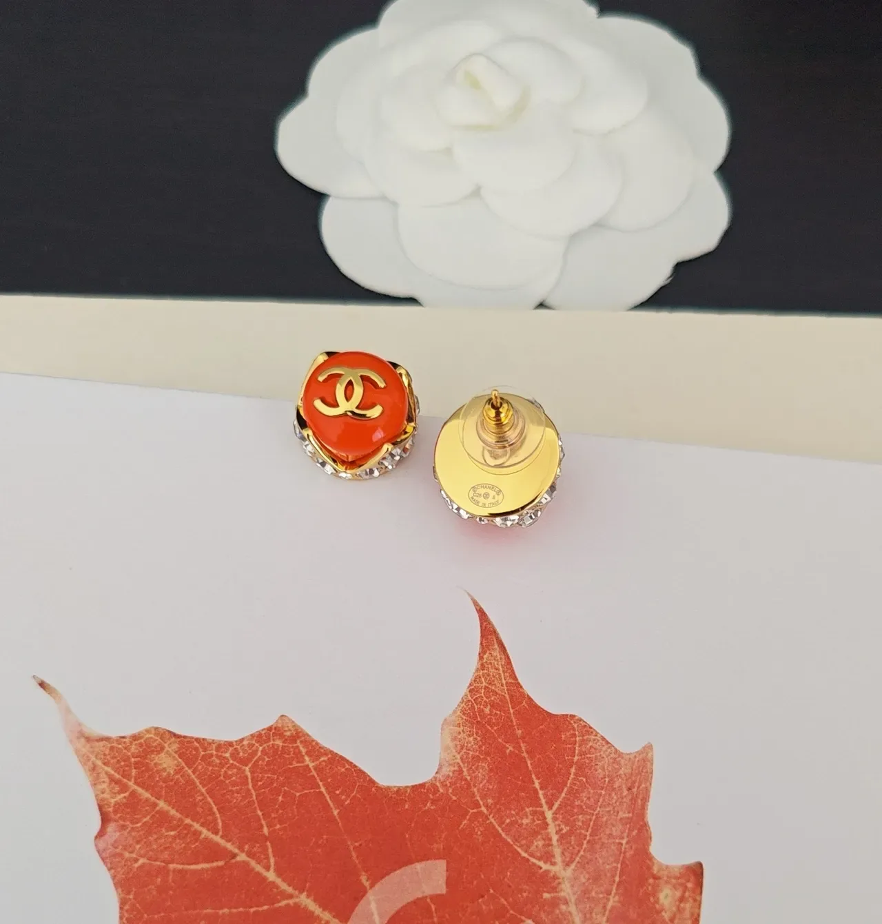 Chanel Orange Gold Round Stud Enamel Face Earrings 2