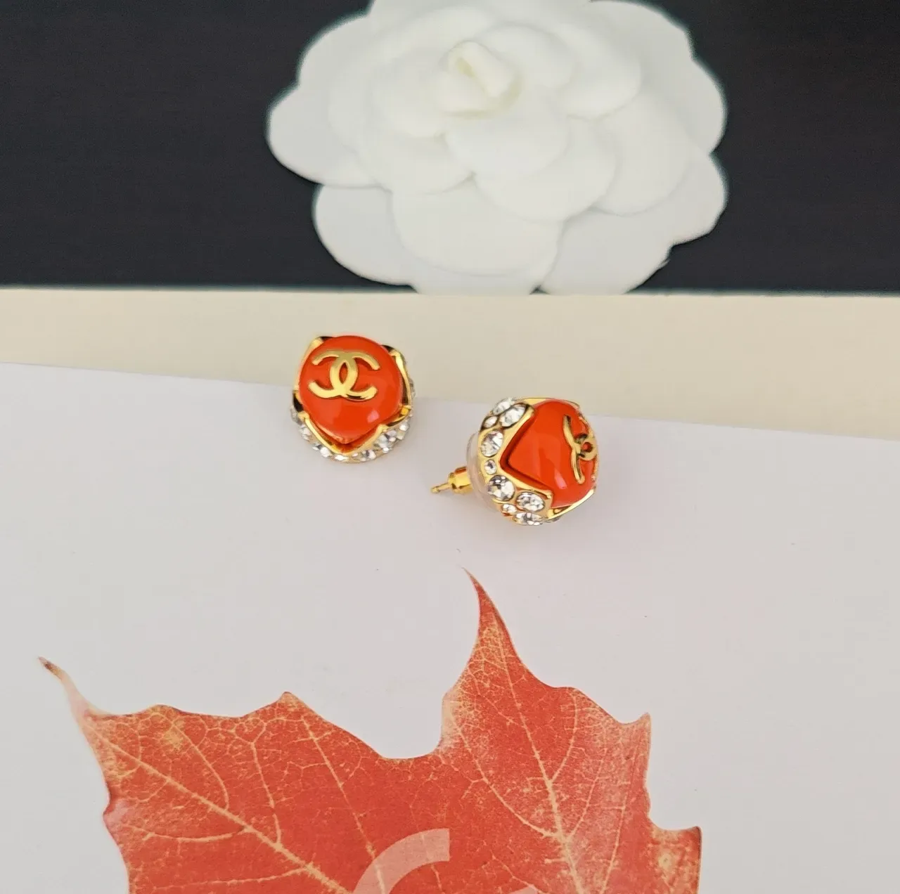 Chanel Orange Gold Round Stud Enamel Face Earrings 3