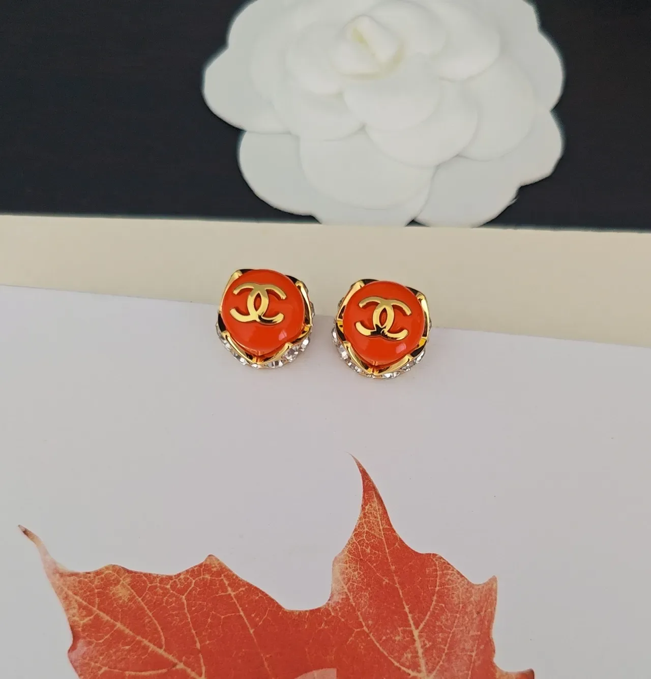 Chanel Orange Gold Round Stud Enamel Face Earrings 4