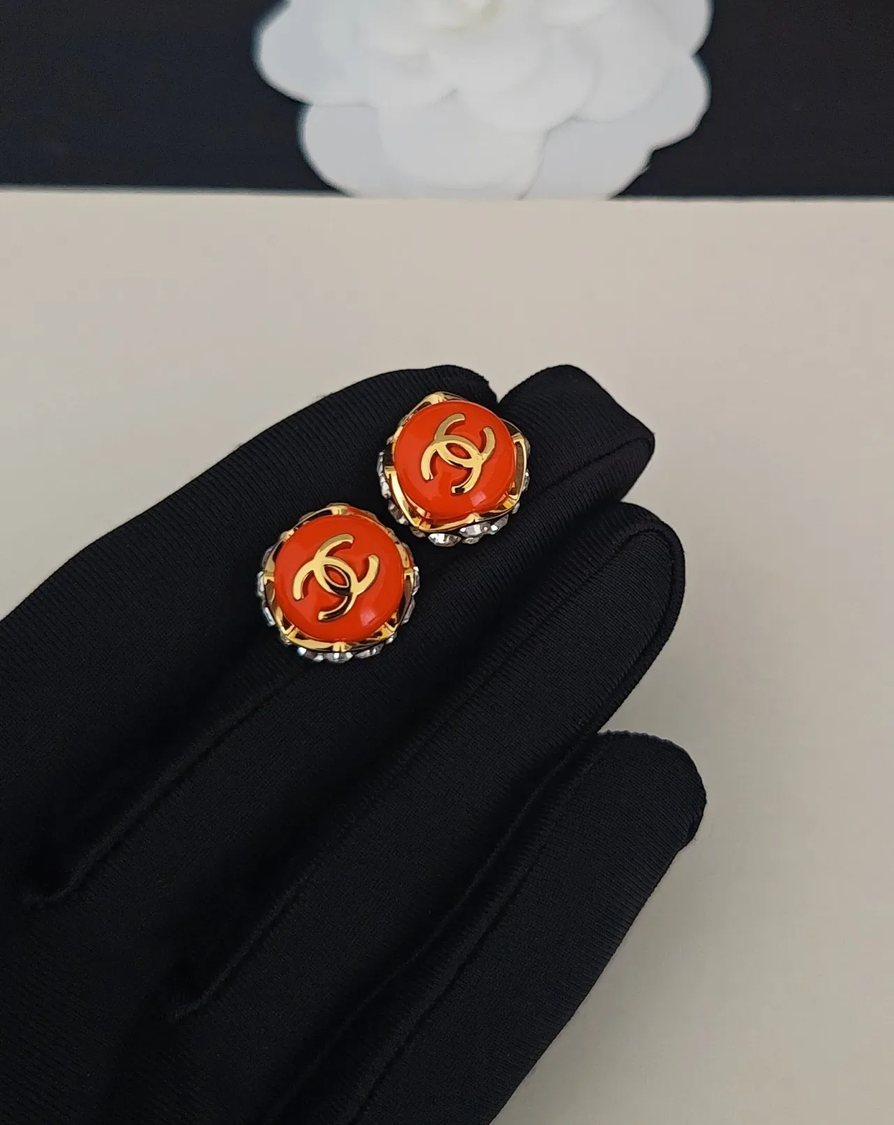 Chanel Orange Gold Round Stud Enamel Face Earrings 5