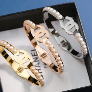 Chanel Pearl CC Bangle Gold Silver Interlocking Logo Clasp Bracelet