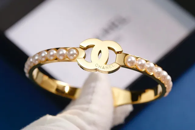 Chanel Pearl CC Bangle Gold Silver Interlocking Logo Clasp Bracelet 6