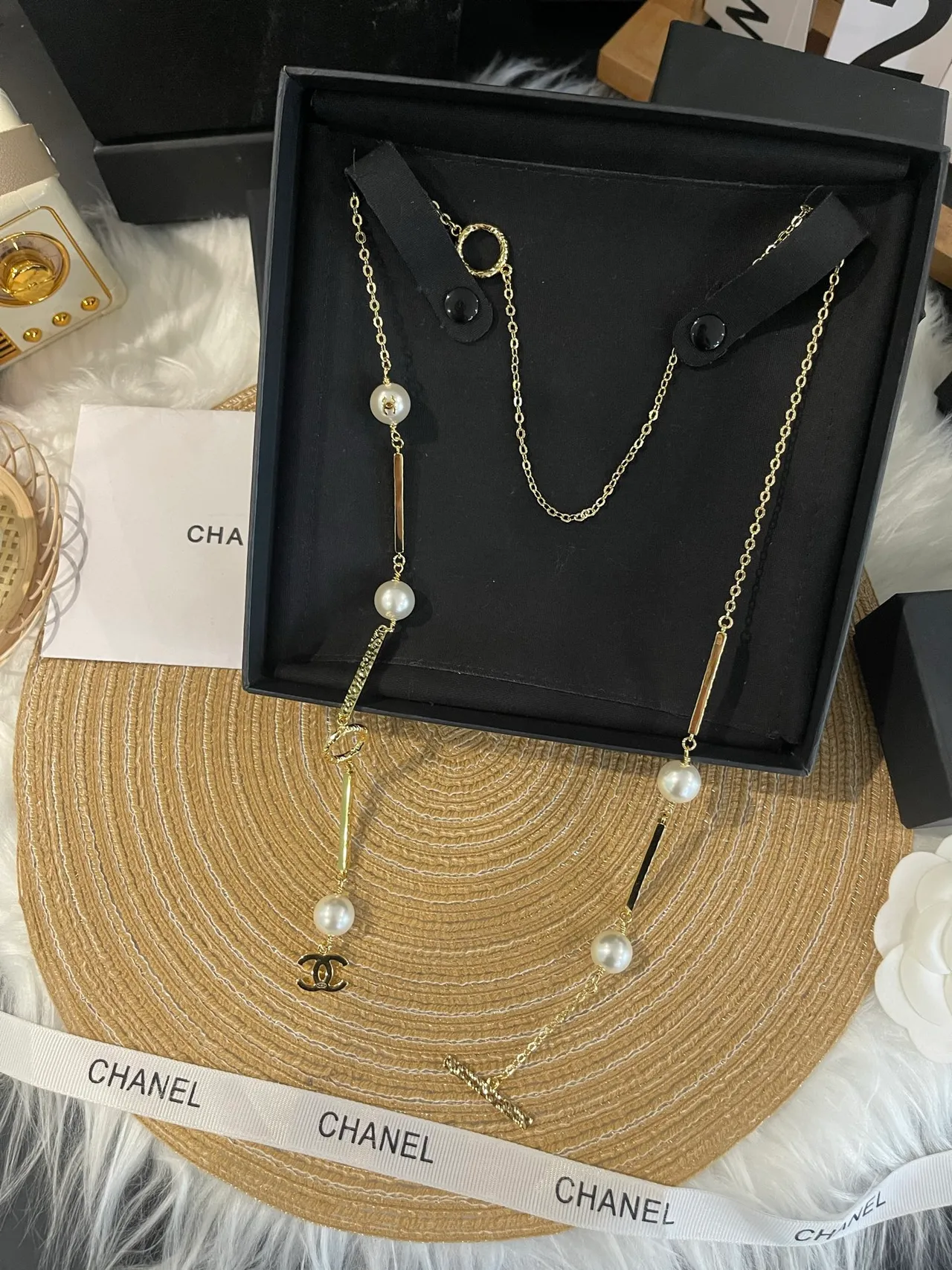 Chanel Collier Perles Lariat Or Blanc 10