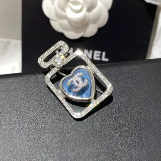 Chanel Perfume Bottle Motif Silver Blue Rectangular Frame Heart-Shaped Enamel Center Brooch