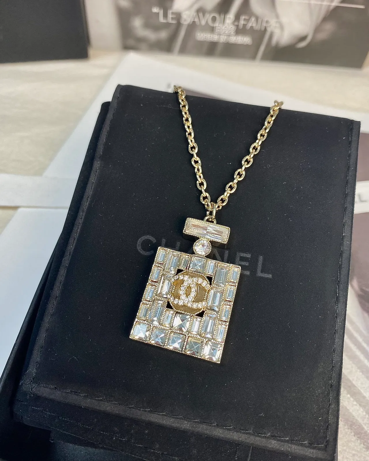 Chanel Perfume Bottle Pendant Gold Transparent Chain Crystal-Encrusted Square Necklace 5