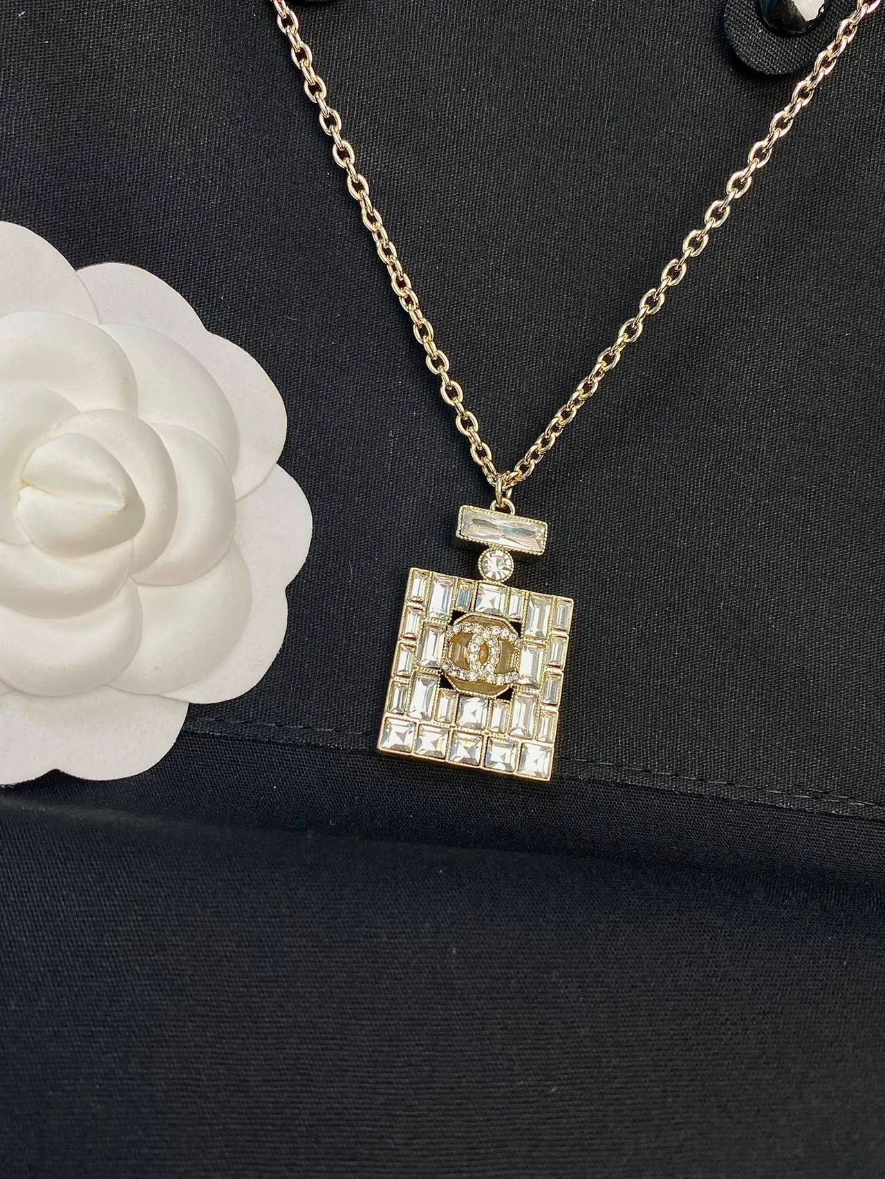 Chanel Perfume Bottle Pendant Gold Transparent Chain Crystal-Encrusted Square Necklace 10