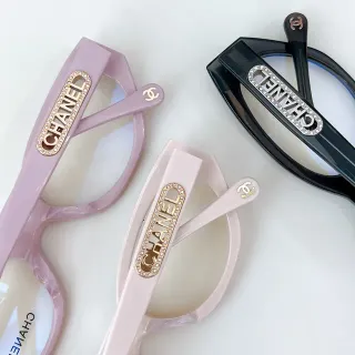 Chanel Pink Black Rectangular Acetate Frames Rhinestone-Embellished Brand Plaque Optical Glasses