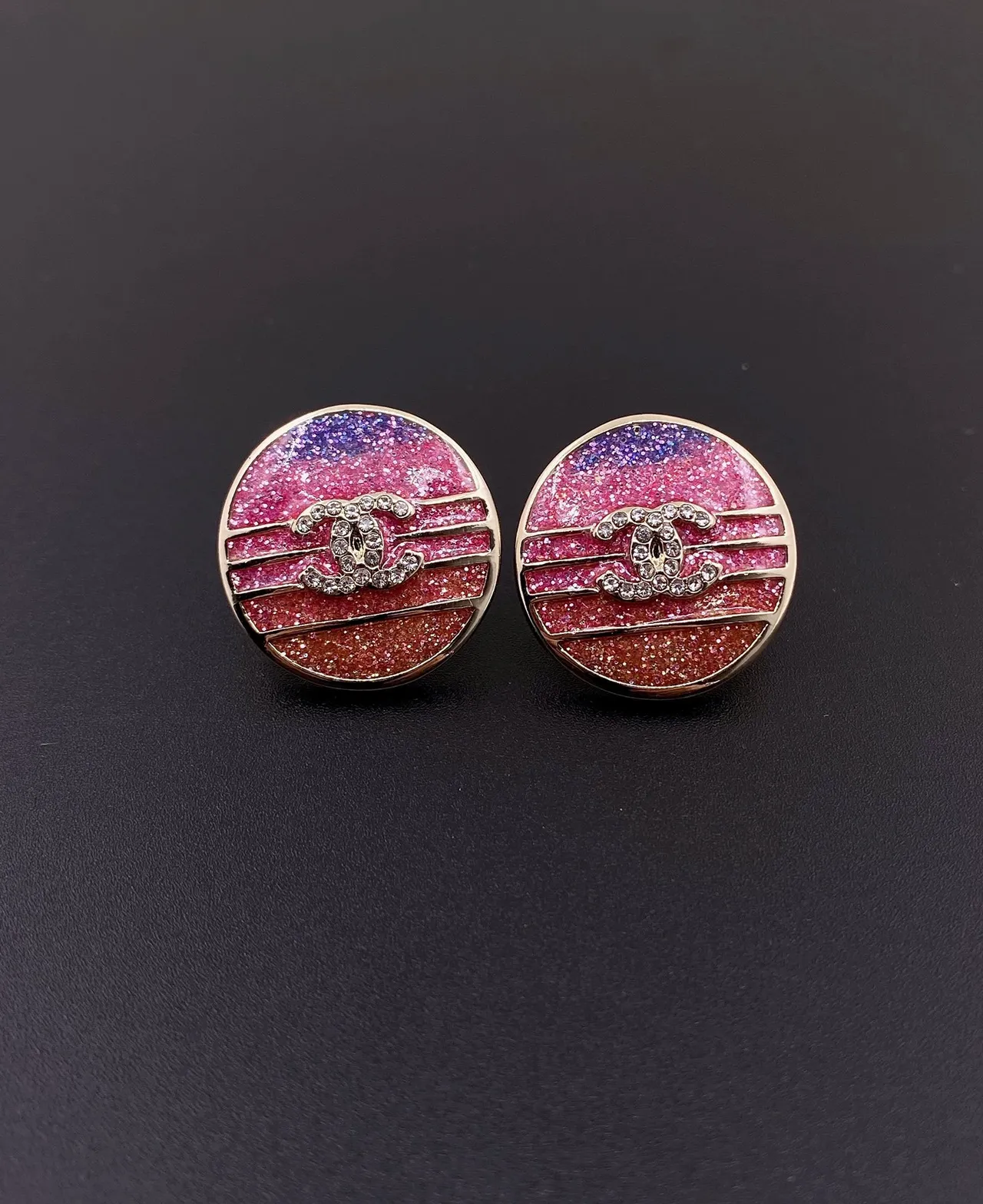 Chanel Pink Purple Circular Stud Glitter Enamel Gradient Earrings 5