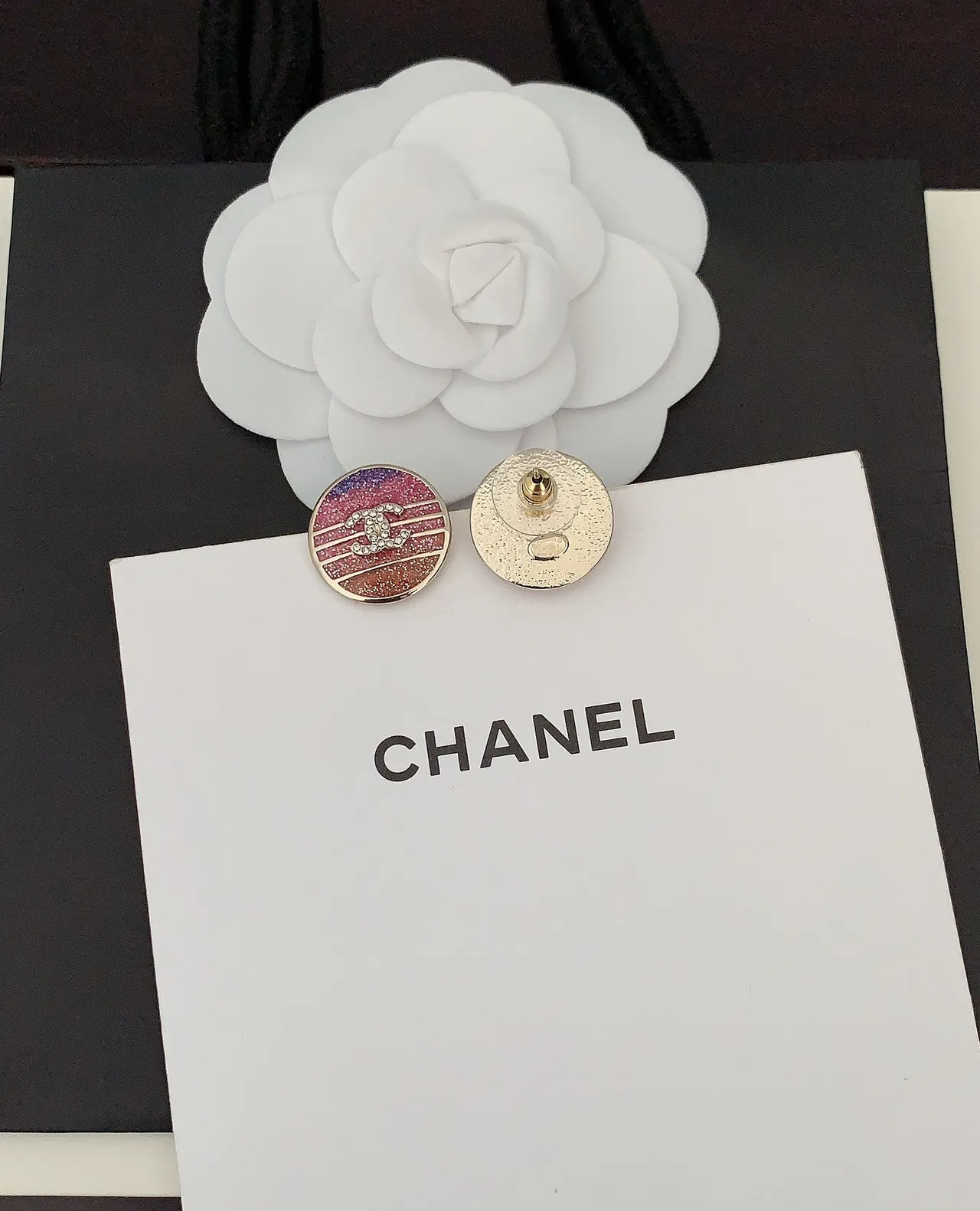 Chanel Pink Purple Circular Stud Glitter Enamel Gradient Earrings 6