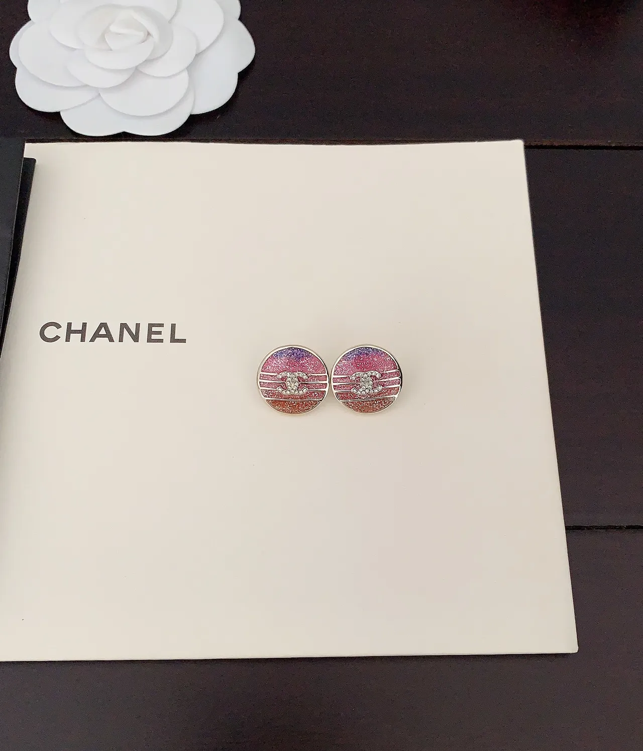 Chanel Pink Purple Circular Stud Glitter Enamel Gradient Earrings 2