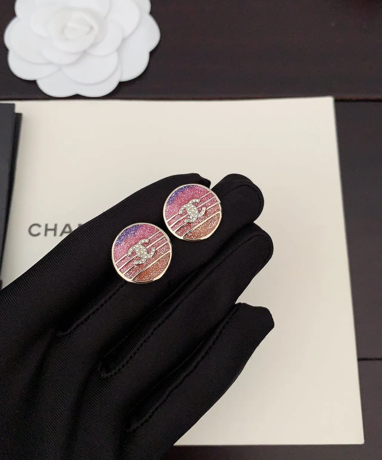 Chanel Pink Purple Circular Stud Glitter Enamel Gradient Earrings 3