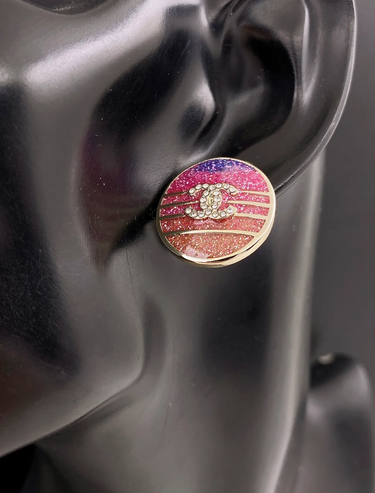 Chanel Pink Purple Circular Stud Glitter Enamel Gradient Earrings 4