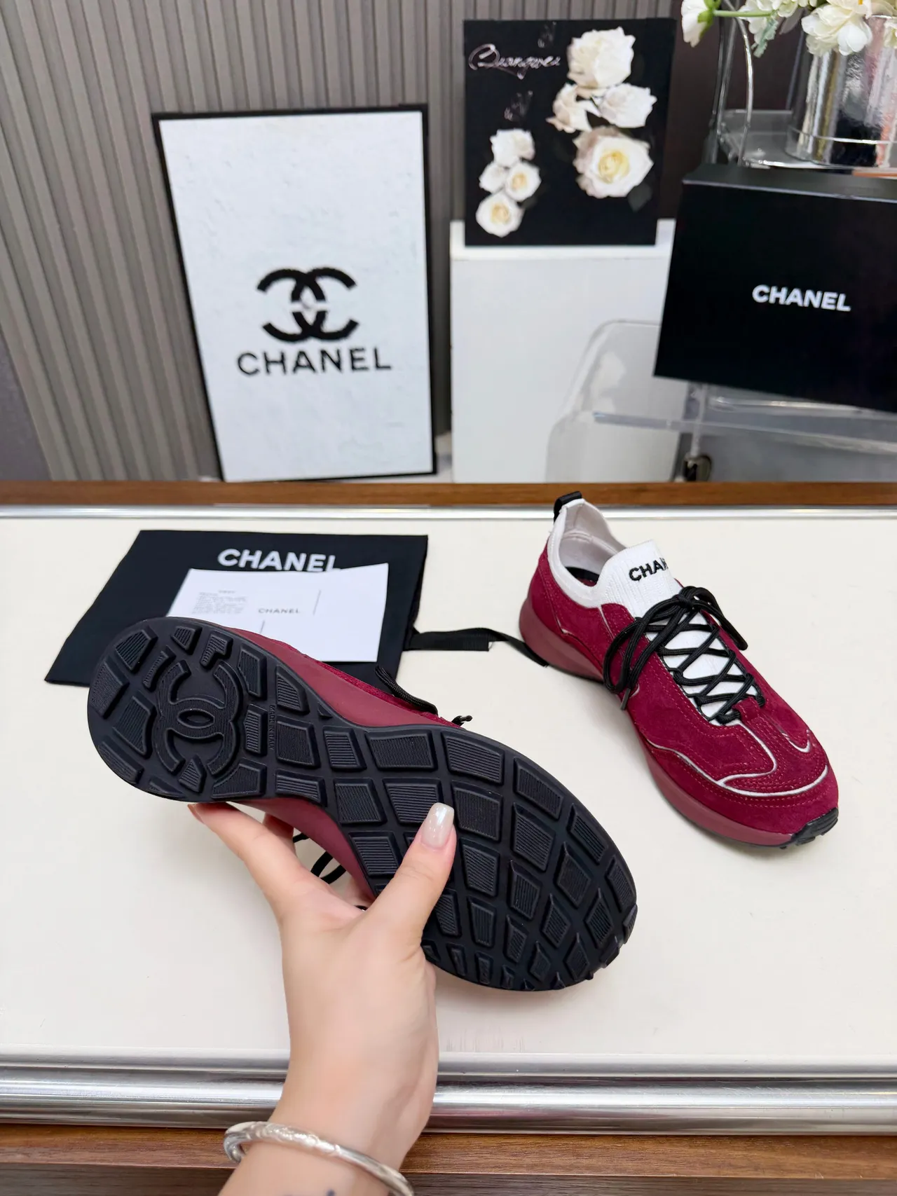 Chanel Red Suede Knit-Collar Chunky Sneakers 2