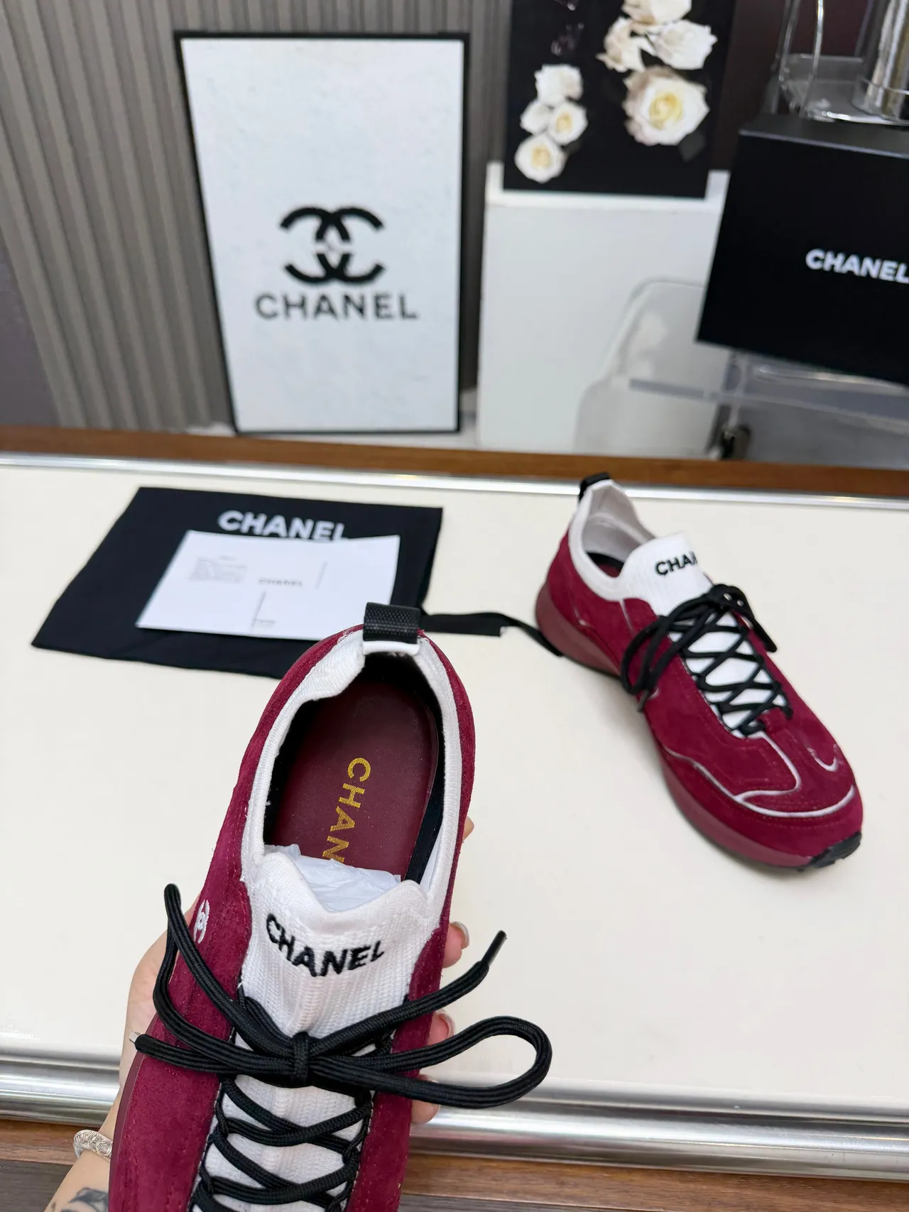 Chanel Red Suede Knit-Collar Chunky Sneakers 3