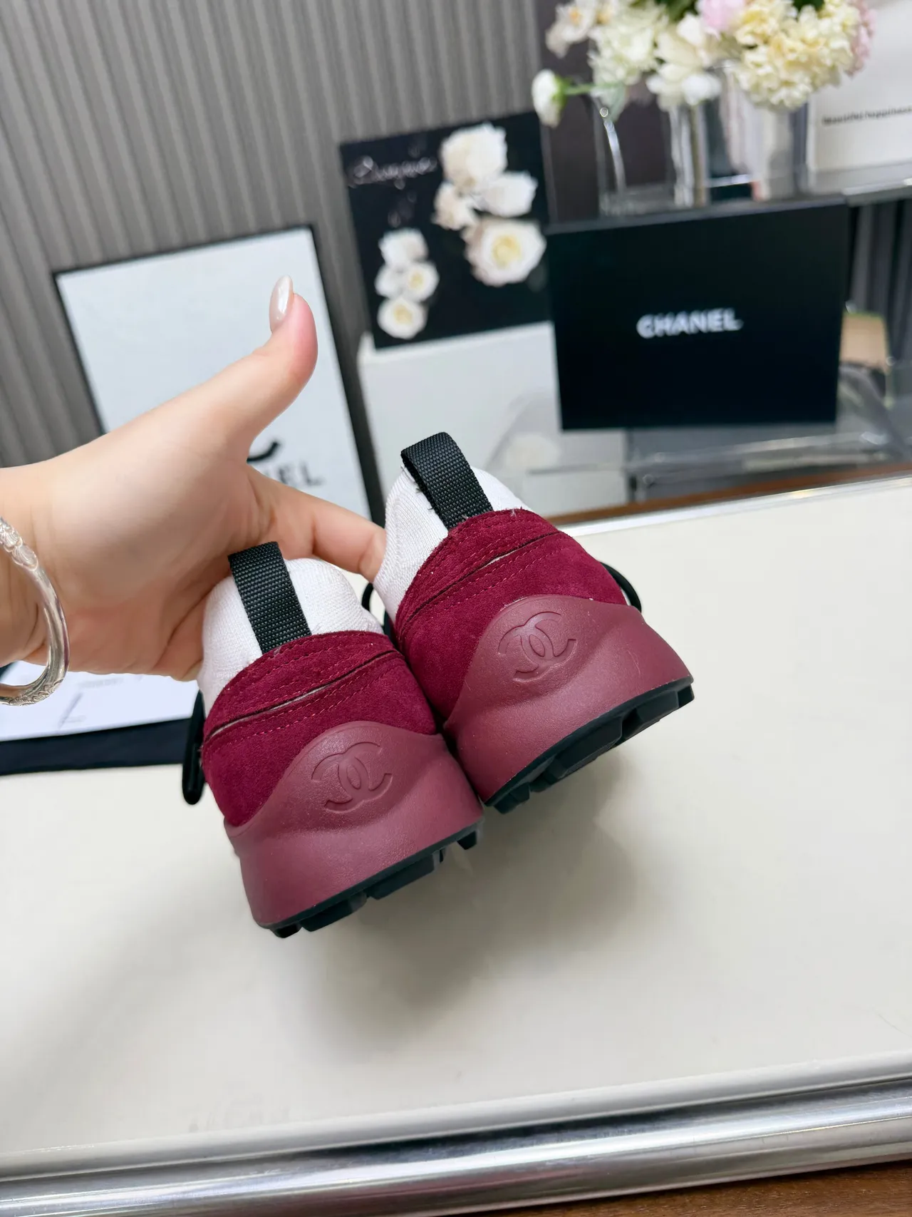 Chanel Red Suede Knit-Collar Chunky Sneakers 4