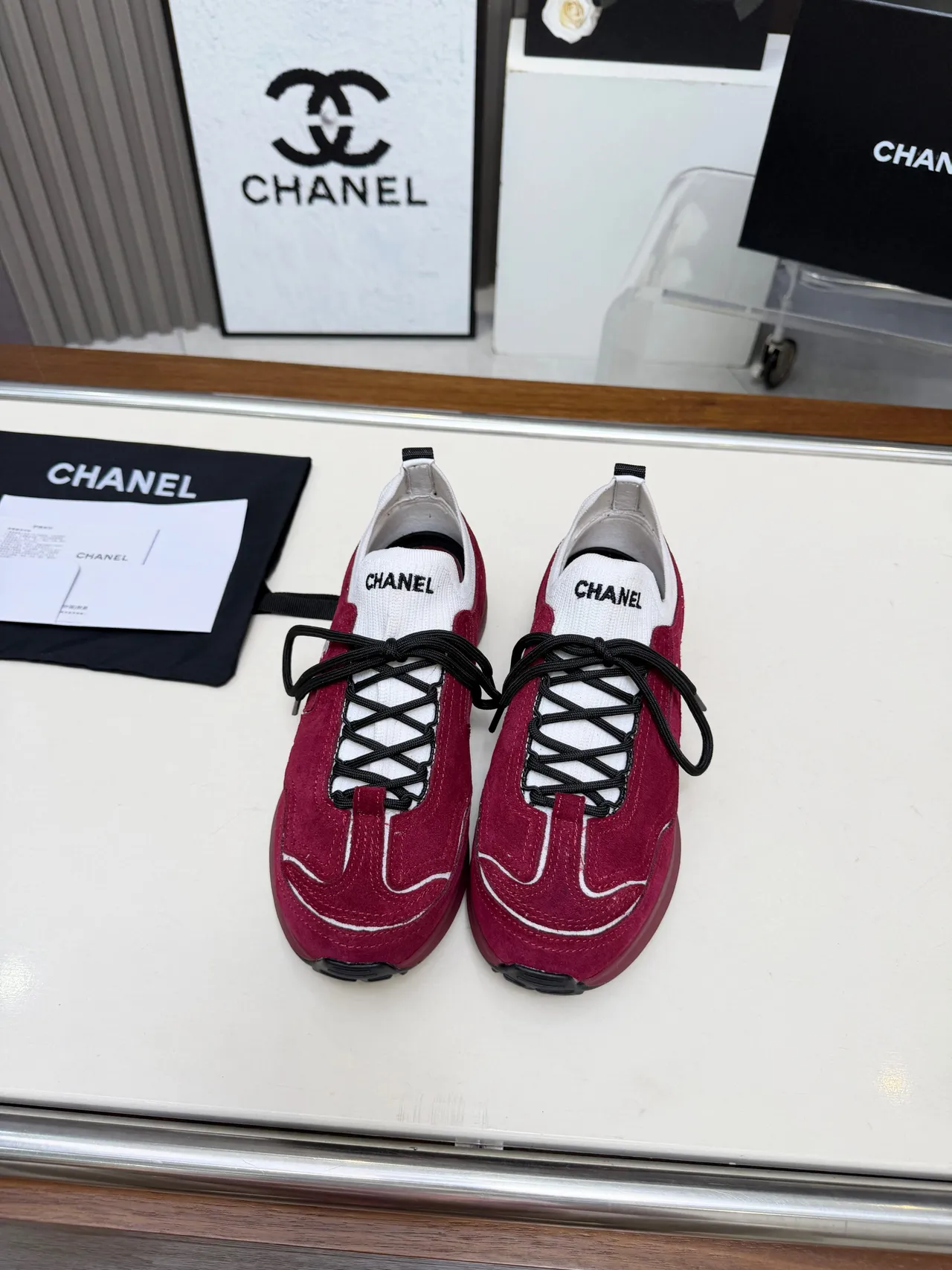 Chanel Red Suede Knit-Collar Chunky Sneakers 5