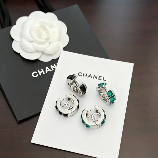 Chanel Silver Black Hinged Hoop Faceted Stones Earrings 3