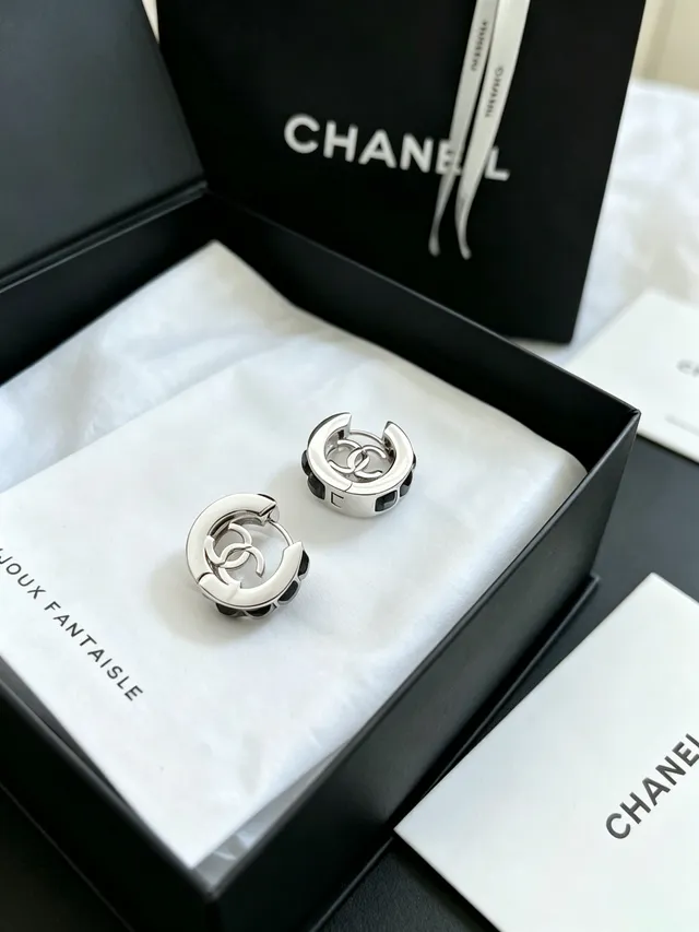 Chanel Silver Black Hinged Hoop Faceted Stones Earrings 6